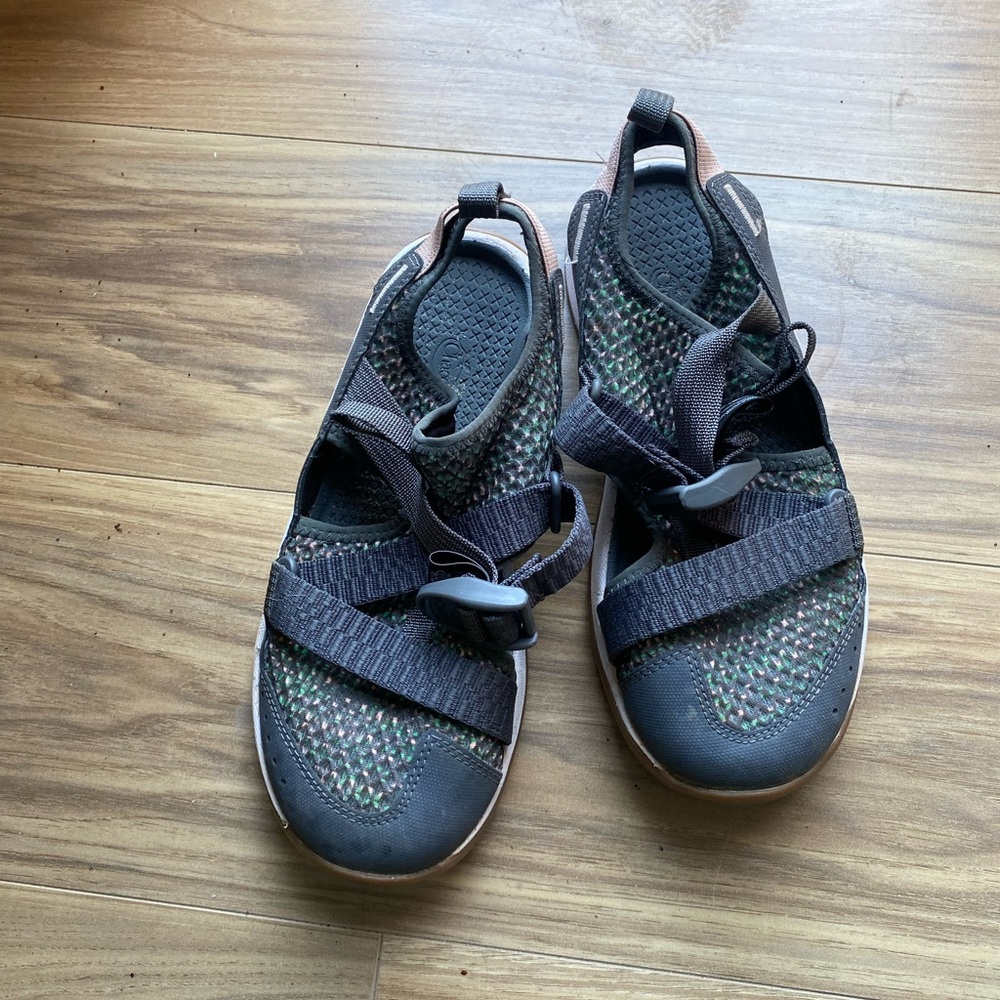 Grey and pink Chaco water shoes